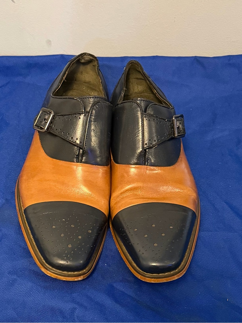 Stacy Adams Two-Tone Monk Strap Oxfords in Navy and Tan